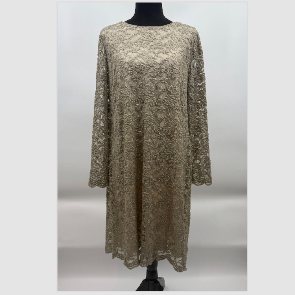 Lauren Ralph Lauren Dress Women 14W Green Gold Lace Long Sleeve Shift Stretch